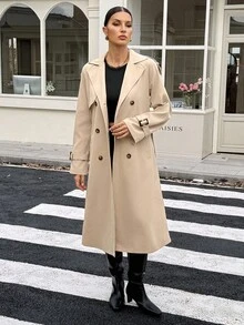 SHEIN Tall Women's Solid Color Double-Breasted Fashionable Long Sleeve Trench Coat In Fall/Winter - Khaki - View 3