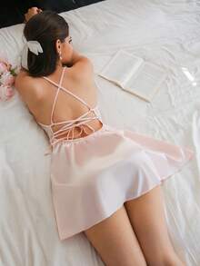 SHEIN 2pcs/Set Sexy Backless Tie-Up Bow Satin Nightgown + G-String Panty For Women