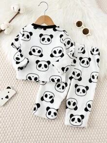 SHEIN 2件套男婴保暖熊猫图案卫衣和裤子睡衣套装，舒适时尚，适合日常休闲穿着，秋冬季宝宝熊猫睡衣，婴儿抓绒睡衣，婴儿睡衣套装，熊猫宝宝服装秋季款 - 白色 - 查看 2