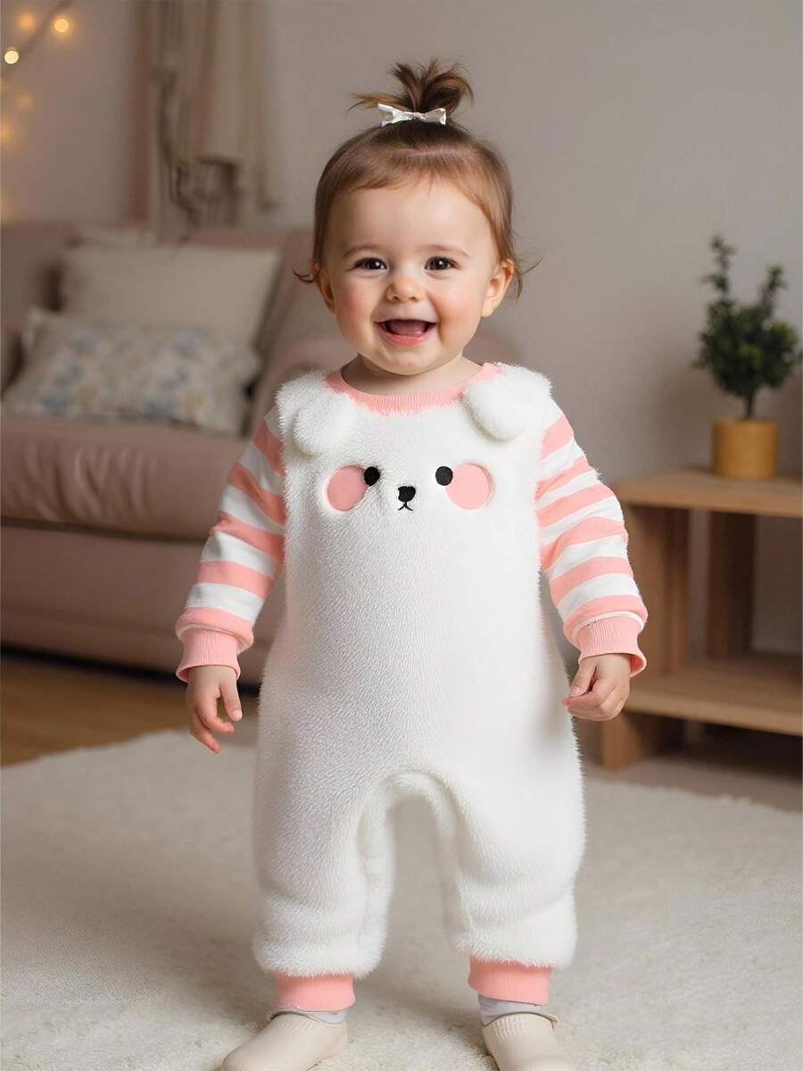 SHEIN Vintaside Kids 女婴可爱小狗刺绣粉色条纹长袖白色柔软绒毛连体衣,秋冬款 - 彩色 - 查看 1