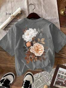 SHEIN LUNE Áo thun tay ngắn họa tiết thường ngày dành cho nữ, áo mùa hè dễ thương, phong cách nghỉ dưỡng - Xám - Xem 4
