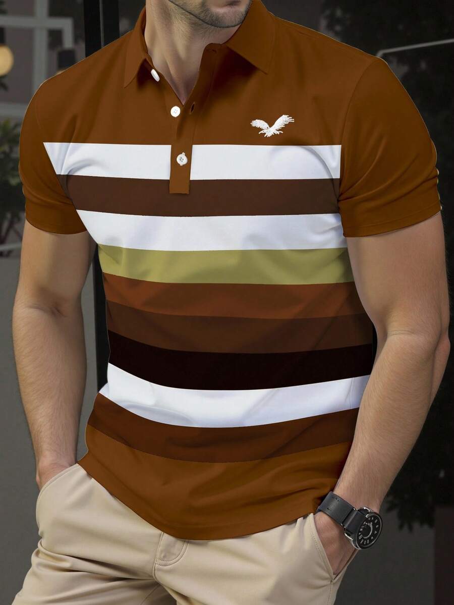 Calvornis 男式鹰条纹短袖休闲通勤 Polo 衫 - 彩色 - 查看 1