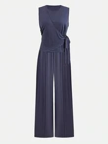 SHEIN CURVE+ 大码女式夏季休闲纯色裹身领带无袖背心和阔腿裤两件套 - 藏蓝色 - 查看 6