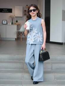 Elladie kids 2 件女童无袖碎花亮黄色上衣和宽松阔腿裤时尚春夏装