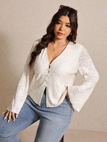 Elaquor Elegantes Große Größen Pendler-Shirt mit einfarbigem Jacquard-Muster und Glockenärmeln - Aprikosenfarben - Übersicht 6