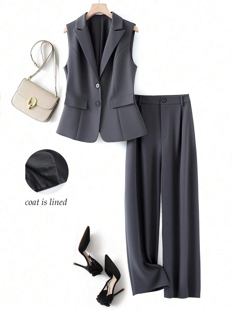 Franclia 休闲通勤百搭无袖马甲西装外套和阔腿直筒裤女裤春秋高端灰色两件套女士家居套装女士秋装商务休闲女办公室服装女士秋季服装两件套女士秋装搭配秋季服装女士正装套装女士西装工作服女士套装 - 灰色 - 查看 1