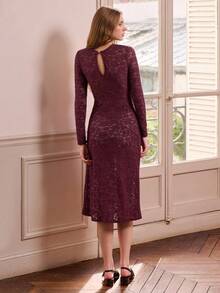 lacRébo Purple Semi-Sheer Midi Dress With Long Sleeves And Keyhole Detail Spring Spring Summer Office Dress Wedding Guest Dress - Purple - View 4