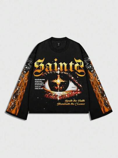 Grunge Punk Men's Retro Graphic Eye Print Loose Cropped Long Sleeve T-Shirt, For Fall