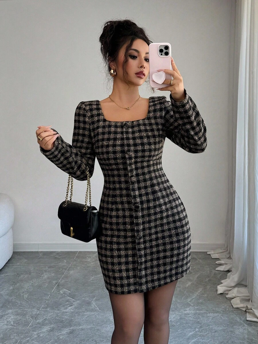 Elenzga Women's Elegant Vintage Black & Coffee Plaid Woolen Fabric Fitted Short Dress With Square Collar, Autumn/Winter - Multicolor - View 1
