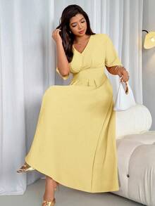 Firerie 大码优雅 V 领高腰褶皱拉链腰喇叭形 A 字中长连衣裙，休闲通勤风格，适合春夏季外出和度假