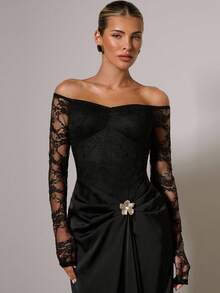 COSMINA Women's Contrast Lace Off Shoulder Long Sleeve Metallic Floral Decor Elegant Mid-Length Dress - Black - View 5