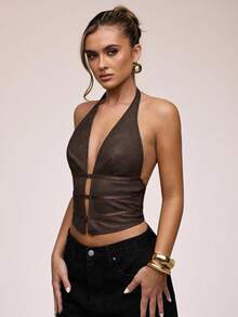 SHEIN BAE Áo ba lỗ hở lưng cổ yếm màu trơn thời trang cho nữ - màu nâu - Xem 4