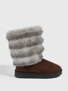 Daringsoles Giày bốt đế bằng mềm mại ấm áp thời trang dễ thương, thoải mái, đa năng và phong cách, lót dày, cao đến giữa bắp chân, cá tính, chống thấm nước, phù hợp cho hoạt động ngoài trời - Xám - Xem 4