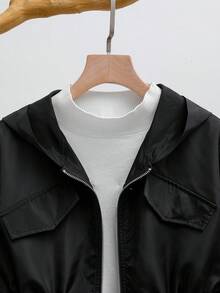 SHEIN Tween Girl Solid Color Drawstring Hooded Casual Jacket, With Drawstring Waist, Suitable For Autumn/Winter Black Hooded Jacket Girl Tween Girl Jacket Girls Black Jacket With Hood Cute Jackets For Girls  Girl Black Jacket Teen Girl Jacket Girls Hooded Jacket Cute Black Jackets For Girls Girls Black Rain Jacket Fall - Black - View 4