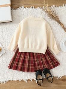 SHEIN 女童蝴蝶结提花针织套头衫，复古宽松柔软针织毛衣，红色格子百褶裙，适合万圣节、圣诞节、返校季