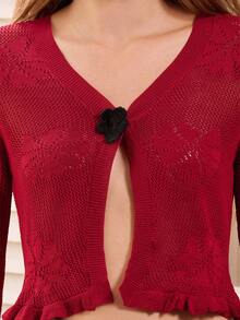 lacRébo Jacquard Mesh Cardigan With Crochet Flower Detail Spring Women Spring Spring Women Spring Summer Going Out Skirt New Year French Style Parisian Style - Red - View 6