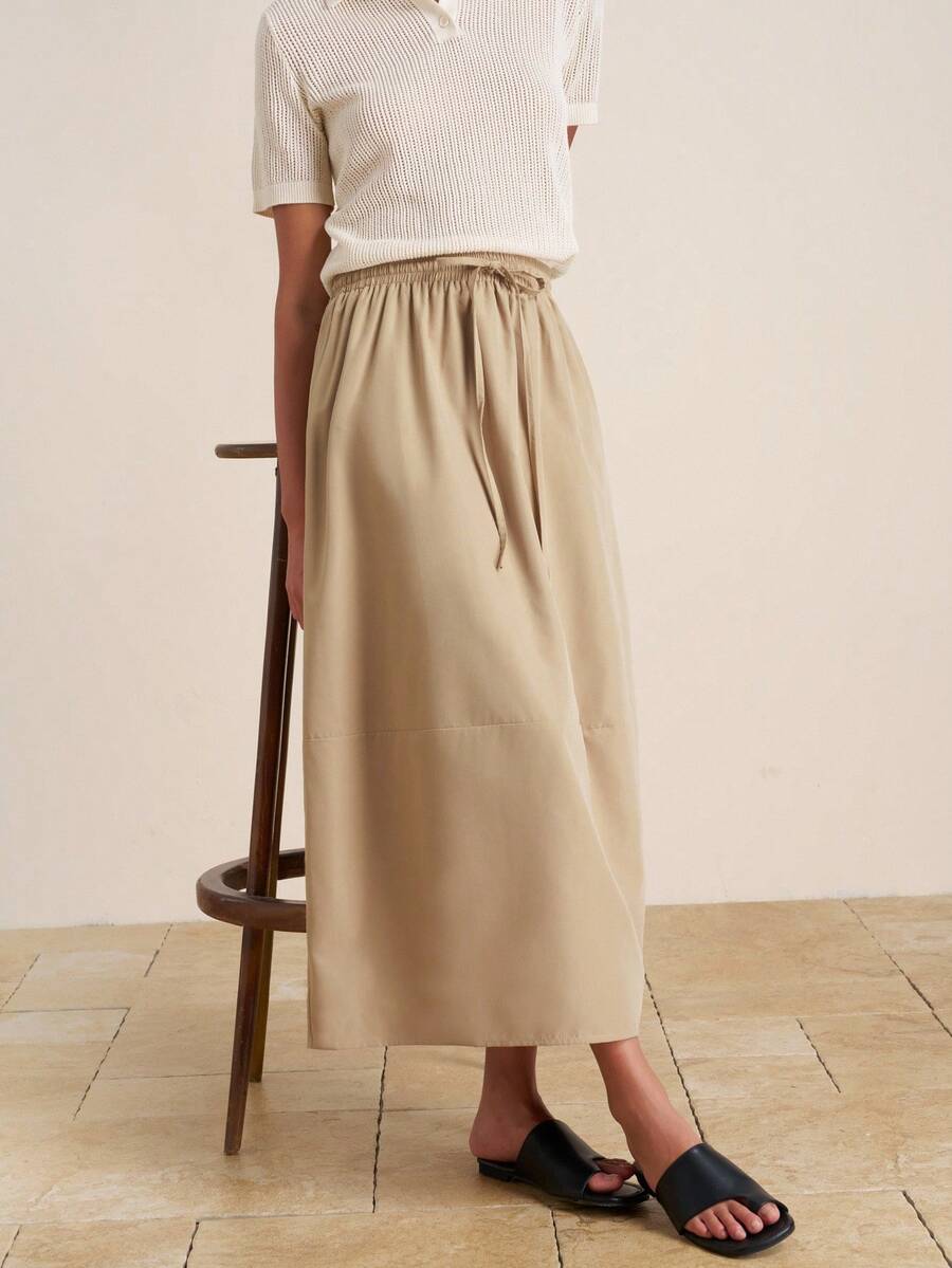 Airaco Women's Solid Color Elastic Waist Drawstring Skirt - Khaki - View 1