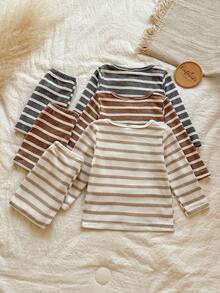 Vintaside Kids 6 件男婴秋季新款条纹圆领仿门襟设计长袖 T 恤和裤子套装，卡其色棕色、黑白条纹，多种颜色，婴儿休闲基本款 - 彩色 - 查看 2