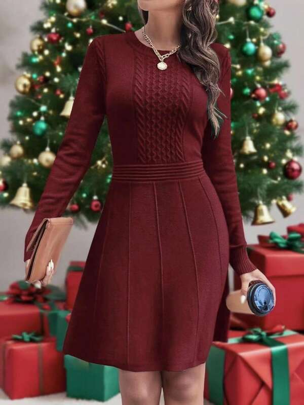 EMERY ROSE Women's Casual Knitted Dress With Cable Cable Pattern, Long Sleeve, Round Neck, Autumn Christmas