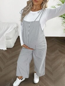 SHEIN 孕妇休闲时尚百搭条纹口袋连体裤