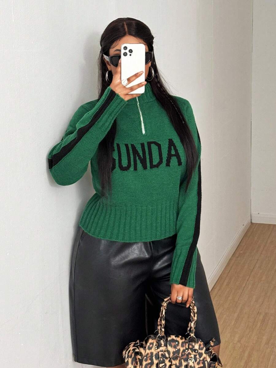 Maweii Suéter de mujer talla grande con cremallera y gráfico de letras, verde, para otoño e invierno - Verde - Ver 1