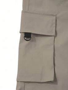 Manfinity Homme Men's Solid Color Drawstring Waist Cargo Pocket Casual Pants, Fall - Khaki - View 4