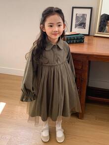 DAZY Young Girl Casual Solid Color Mesh Patchwork Dress, Autumn - Green - View 7