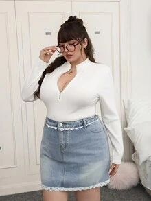 SHEIN EZwear Große Größen Stehkragen Halber Reißverschluss Langarm Gerippter Bodysuit - Weiss - Übersicht 5