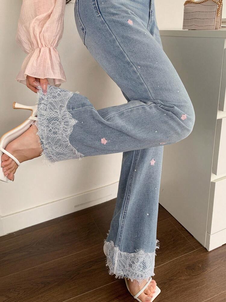 Women's Slim Fit Sexy Flare Jeans, Casual Pants With Hollow Lace Trim, Embroidered Floral Print Patchwork