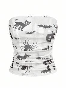 Shutterstock Y2Kool 女士万圣节南瓜、蜘蛛、蝙蝠、猫咪印花露脐抹胸上衣，半透明派对/节日休闲时尚系列新年装 - 白色 - 查看 3