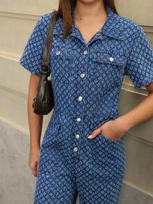 Jeanoix Women's Casual Printed Short Sleeve Loose Denim Jumpsuit