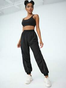 SHEIN Sports 2 件女式纯色松紧腰抽绳慢跑裤，休闲健身 - 彩色 - 查看 6