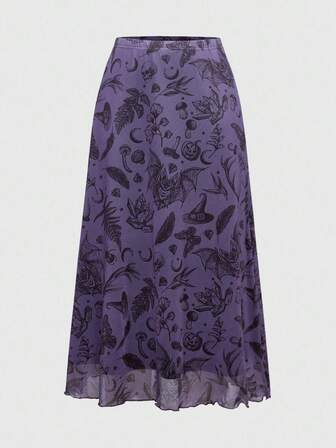 Fairycore Minifalda punk de línea A con estampado de murciélago, calavera, luna y calabaza, estilo gótico oscuro para mujer