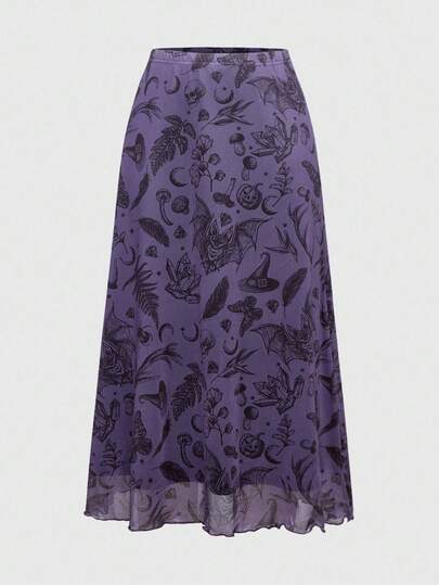 Fairycore Women's Dark Gothic Bat, Skull, Moon, Pumpkin Print A-Line Punk Mini Skirt