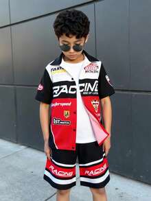 SHEIN 2 件套青少年男孩休闲韩国街头风格赛车印花短袖衬衫和短裤套装，适合通勤、上学、日常休闲装、运动、春夏 - 黑色 - 查看 1