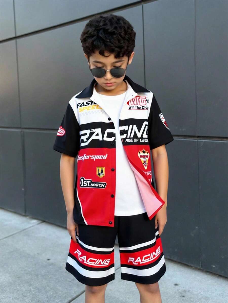 SHEIN 2 件套青少年男孩休闲韩国街头风格赛车印花短袖衬衫和短裤套装，适合通勤、上学、日常休闲装、运动、春夏 - 黑色 - 查看 1