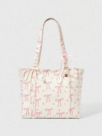 Kawaii حقيبة تسوق نسائية كبيرة السعة مطبوعة بشريط وقلب ذات طبعة أنيقة من الكوردروي البيج