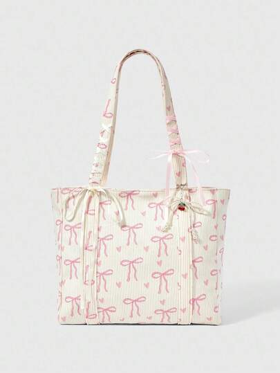 Kawaii Bolso de mano grande de mujer de pana beige con estampado de lazo y corazón, de gran capacidad y elegante