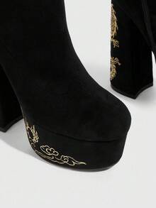 CUCCOO SZL Women's Square Toe Thick High Heel Embroidered Dragon Pattern Black Suede Elastic Fashionable Minimalist Super High Over-The-Knee Boots With Zipper For Christmas - Black - View 7