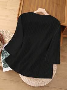 Rusticease Cămașă casual versatilă, cu imprimeu petic din dantelă, în culori solide - Negru - Vizualizare 4