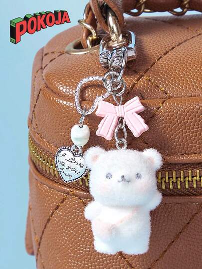 POKOJA LAND 1 Peça Chaveiro Cartunesco de Pelúcia de Urso Pequeno Unissex, Laço Fofo, Pingente de Coração, Estrela, Acessório Cartunesco, Enfeite de Bolsa