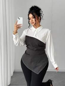 Elenzga Plus Size Women Solid Color Patchwork Long Sleeve Casual Shirt, Pleated Asymmetric Hem Autumn Blouse, Elegant/Office/Date Wear, Two Pieces Striped Shirt. Long Sleeve Shirt For Autumn Fall Cloth For Women