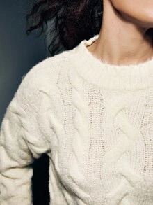 Lumivelle Women's Elegant Crew Neck Cable Knit Long Sleeve Sweater, Autumn/Winter - Apricot - View 7