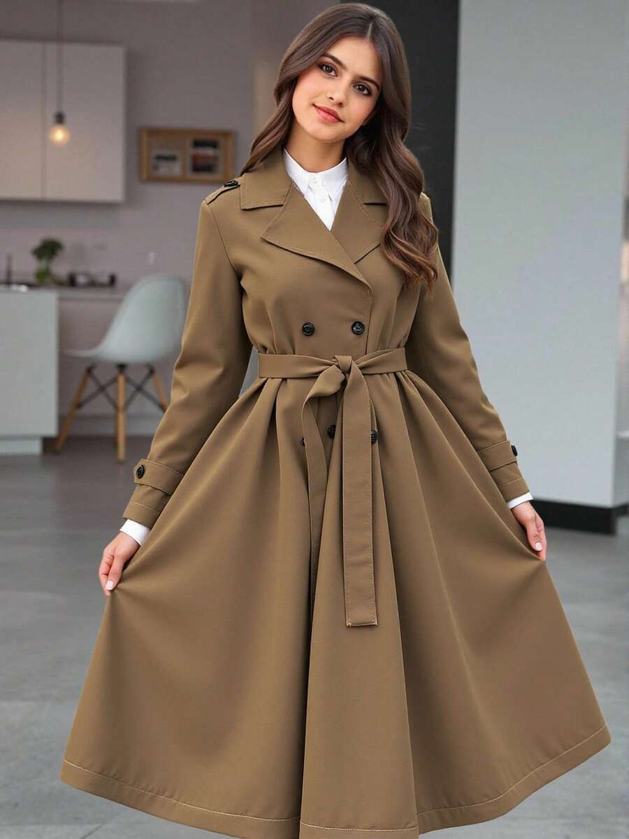 SHEIN Teen Girl Elegant Commuter Casual Khaki Collared Mid-Length Trench Coat