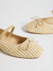 Solezae 女士休闲优雅方头舒适编织 PU 芭蕾平底鞋 - 米色 - 查看 2