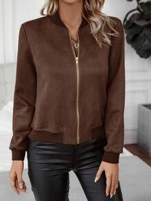 EMERY ROSE Women's Solid Color Regular Shoulder Long Sleeve Short Zip-Up Casual Versatile Jacket - Brown - View 5