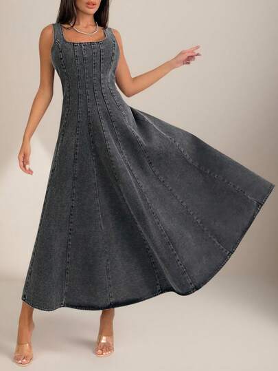 EURMUSE Women's Casual Street Style Solid Color Square Neck Waist Gathered Flared Hem Denim Dress, Summer Gray Denim Dress Casual Maxi Dress Long Denim Dress Ankle Length Denim Dress Gray Dresses For Women