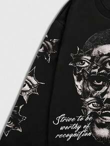 ROMWE MEN Grunge Punk 男士复古人物图案宽松短款长袖T恤，适合秋季，2000年代风格 - 黑色 - 查看 4