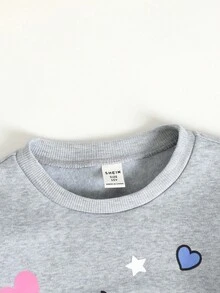 SHEIN 青少年女孩宽松休闲罗纹印花长袖连帽衫和运动裤套装 - 灰色 - 查看 5