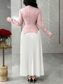 Feyla Women's Tie Collar Long Sleeve Contrast Color Pleated Hem Elegant Dress